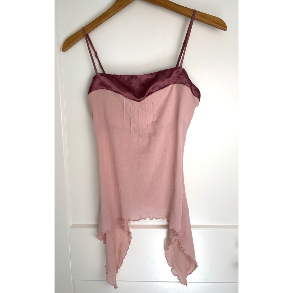 Vtg Y2K Hot Kiss Mesh Cami Tank Asymmetrical Handkerchief Hem Satin USA - Size M